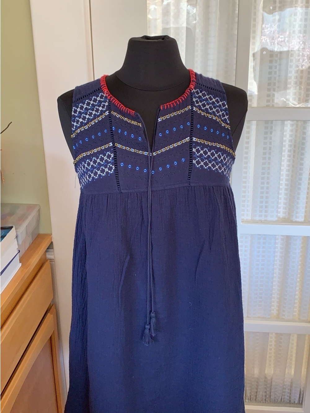 SUNCOO Navy Dress with Red Whipstitch Detail